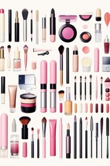 A collection of different makeup products neatly arranged on a white surface. Perfect for beauty and cosmetics-related projects