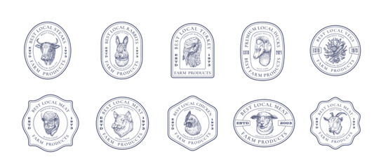 Meat Vegetables and Poultry Farm Retro Framed Badges Logo Templates Collection. Hand Drawn Domestic Animals and Birds Sketches with Retro Typography. Vintage Sketch Emblems Set Isolated