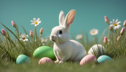 Happy Easter Bunny with many Easter eggs in meadow,spring background