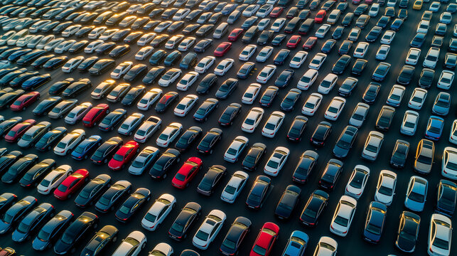 a huge parking lot of new cars in the port before loading onto the ferry, aerial view