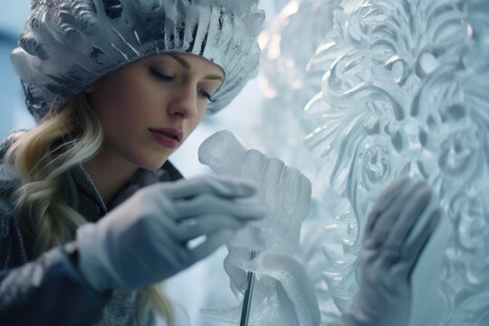 A woman in a hat and gloves holds a piece of ice. This versatile image can be used to depict concepts such as cold weather, winter fashion, refreshing drinks, or chilling effects