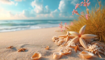 Many beautiful seashells on a sandy beach, view from above. Place for text. AI created.
