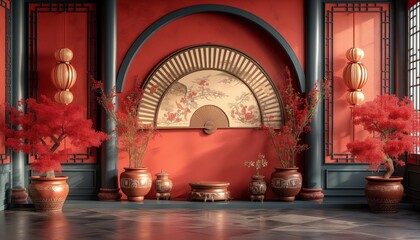 Festive Chinese room, Lanterns. Fan, Flowers, Vases. AI created.
