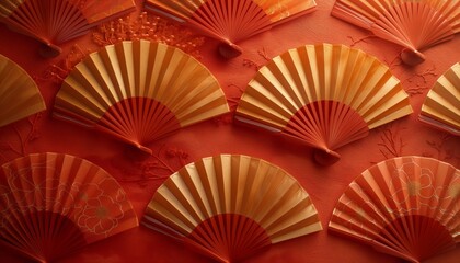 Chinese New Fan with decorative pattern on a red background. Fans of red paper. AI created.
