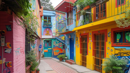 Photographs of colorful and vibrant neighborhoods, with painted facades, graffiti on the walls and...