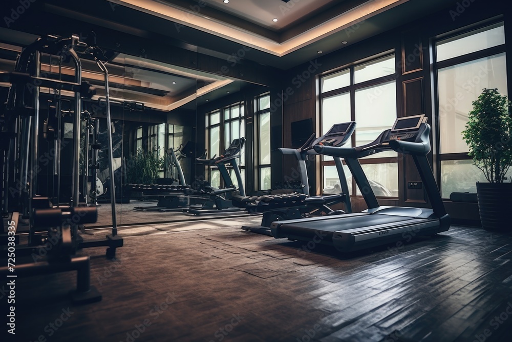 Poster a row of tread machines in a gym room. perfect for fitness and exercise related designs