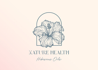 Hibiscus hand drawn flower emblem and typography. Trendy health care natural floral oil cosmetics logo template with frame arch. Colorful contemporary decorative gradient background Isolated © createvil