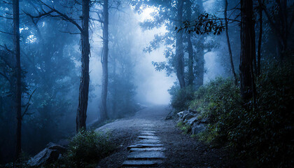 Fototapeta premium Perspective of path trail through the frozen and foggy forrest