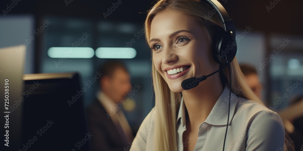 Poster a woman wearing a headset sits in front of a computer. suitable for customer service or remote work 