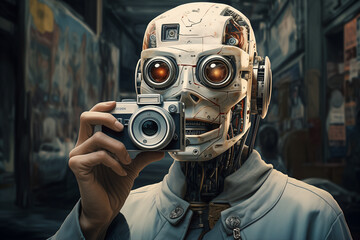 Ilustración de robot con aspecto humano tomando fotos con una cámara de fotos de aspecto retro - obrazy, fototapety, plakaty