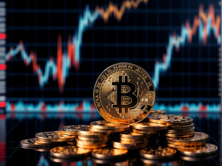 Bitcoin and others cripto coins with a blur chart for stock backgound 