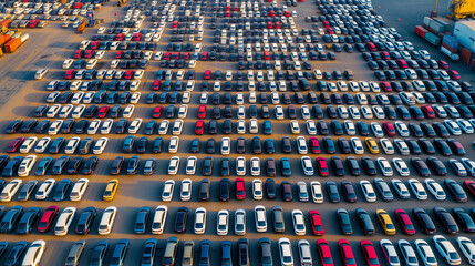 a huge parking lot of new cars in the port before loading onto the ferry, aerial view - obrazy, fototapety, plakaty