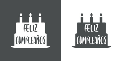 Logo con silueta de tarta con velas encendidas y texto Feliz Cumpleaños en español para su uso en tarjetas y felicitaciones - obrazy, fototapety, plakaty