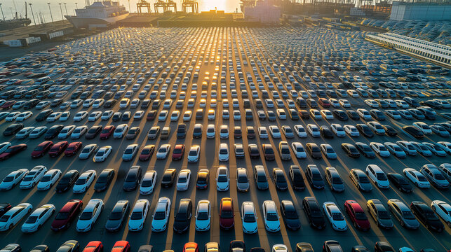 a huge parking lot of new cars in the port before loading onto the ferry, aerial view