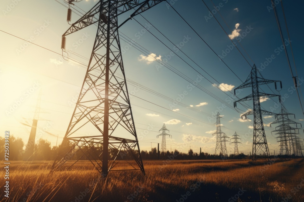 Poster a picture of a field of grass with power lines in the background. suitable for nature, energy, and i