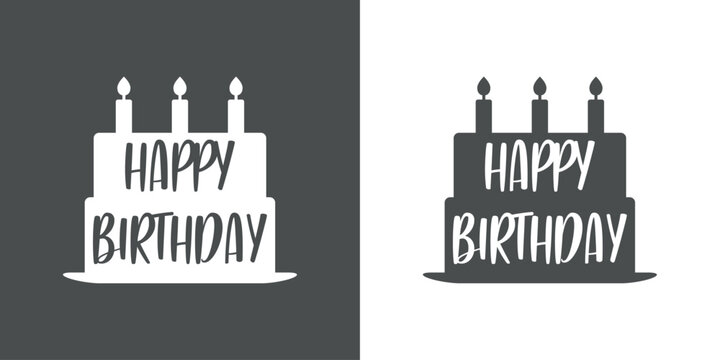 Logo con silueta de tarta con velas encendidas y texto Happy Birthday para su uso en tarjetas y felicitaciones