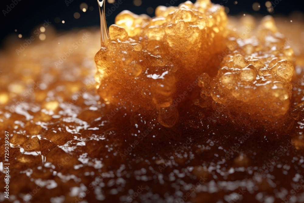 Poster a close-up view of a piece of honey on a table. perfect for food and culinary themes