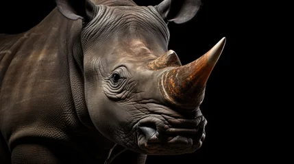 Foto op Canvas A detailed close-up of a rhino against a black background. Perfect for wildlife enthusiasts and educational materials © Fotograf