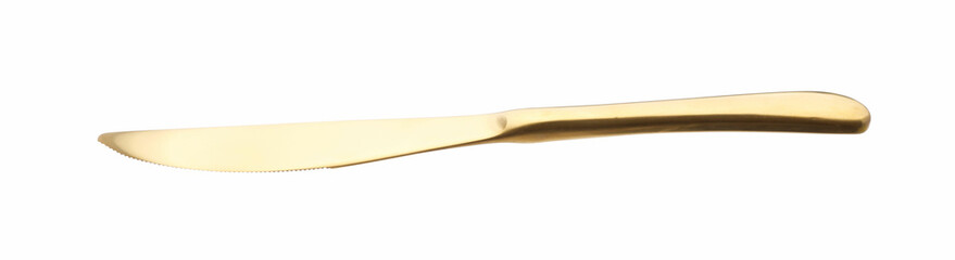 One golden knife isolated on white. Piece of cutlery