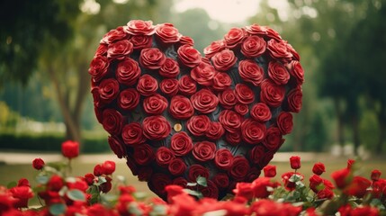 A heart made out of red roses in a garden. Perfect for expressing love and romance.