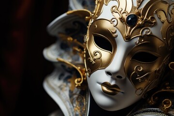 A close up shot of a mask with a clock in the background. Can be used to depict mystery or time-related concepts