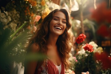 Obraz na płótnie Canvas A woman happily smiling in front of a beautiful bunch of flowers. Perfect for showcasing joy and happiness. Ideal for use in greeting cards, advertisements, and social media posts