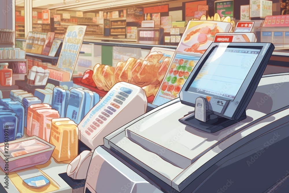 Poster a picture of a cash register in a grocery store. perfect for illustrating the point-of-sale process 
