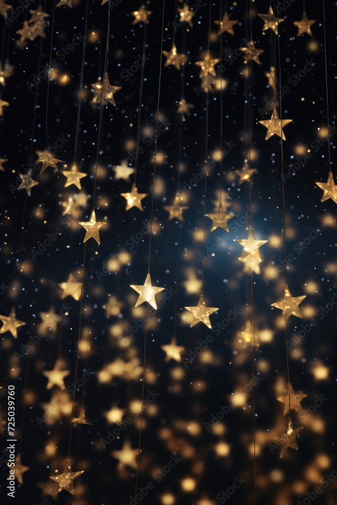 Poster A collection of gold stars hanging from strings. Perfect for adding a touch of sparkle and elegance to any project