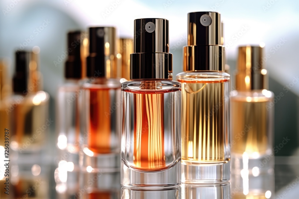 Aufkleber A group of perfume bottles sitting on top of a table. Perfect for showcasing different scents and fragrances.
