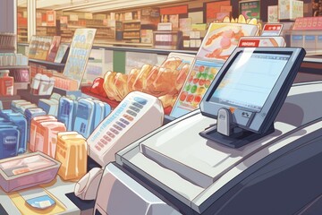 A picture of a cash register in a grocery store. Perfect for illustrating the point-of-sale process in a retail environment - obrazy, fototapety, plakaty