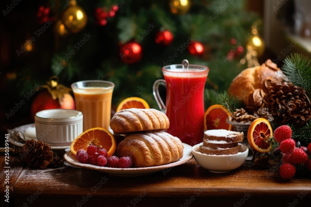 Poster A wooden table displaying a variety of delicious food and refreshing drinks. Perfect for showcasing a feast or setting up a dining scene.