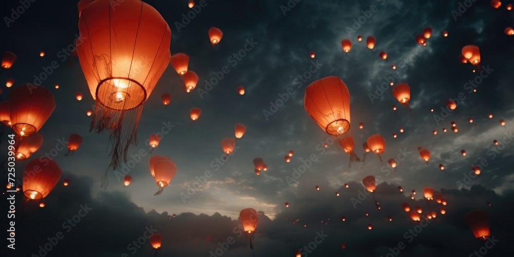 Poster A captivating image of a sky filled with lots of red paper lanterns. Perfect for adding a touch of vibrant color to any project or event