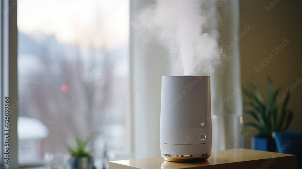 Poster a white humidifier sitting on top of a wooden table. perfect for adding moisture to any room