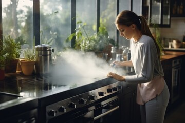 A woman stands in front of a stove with steam billowing out of it. This image can be used to depict cooking, home-cooked meals, kitchen activities, and household chores