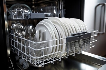 A dishwasher filled with lots of white dishes. Perfect for showcasing cleanliness and organization in a kitchen setting