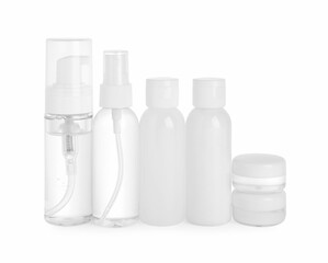 Cosmetic travel kit isolated on white. Bath accessories