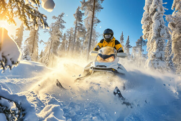 Man in yellow tracksuit driving snowmobile in the snowy forest in Lapland, Finland