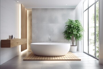 Fototapeta na wymiar Interior of white wooden bathroom with round white tub in corner. luxury and relaxation idea. a mockup