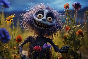 Close-up of Friendly Monster in Field of Flowers