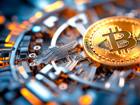 Bitcoin and others cripto coins with a blur chart for stock backgound 