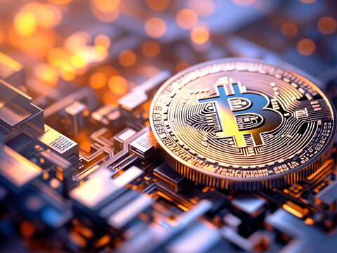 Bitcoin and others cripto coins with a blur chart for stock backgound 