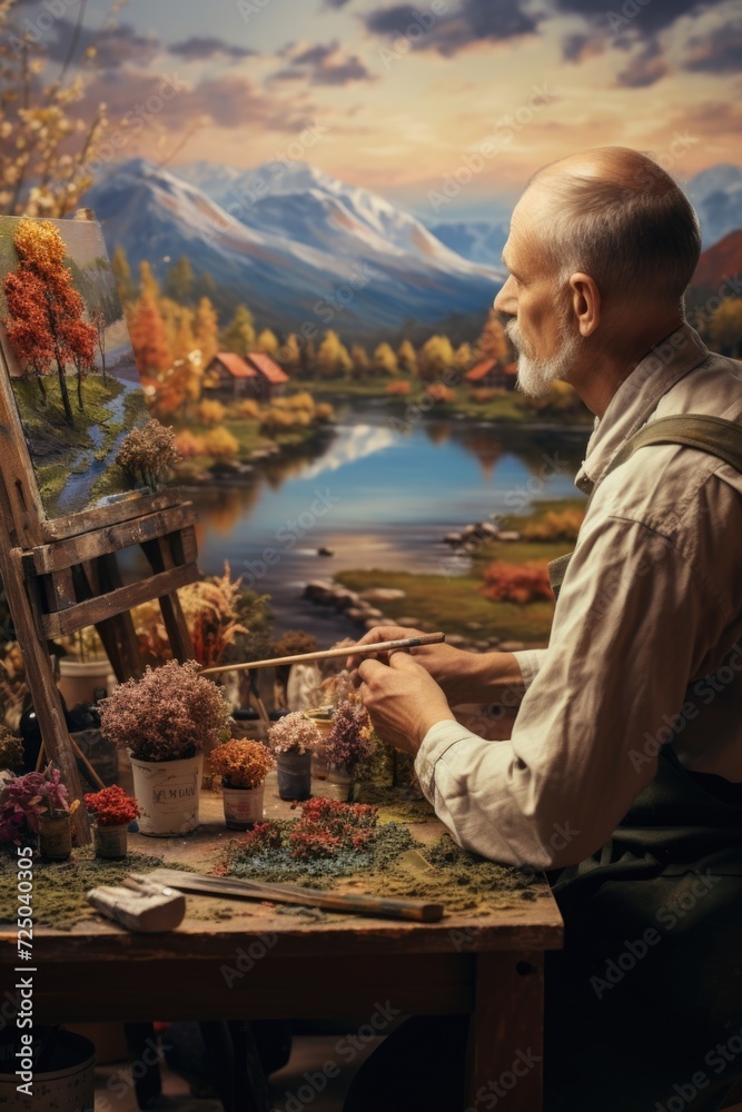 Poster A man is painting a picture on an easel. This image can be used for artistic concepts and creative processes