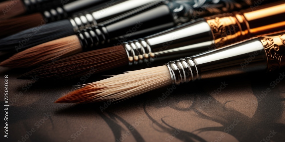 Leinwandbilder A close-up view of a bunch of brushes arranged neatly on a table. This image can be used for various artistic and creative purposes