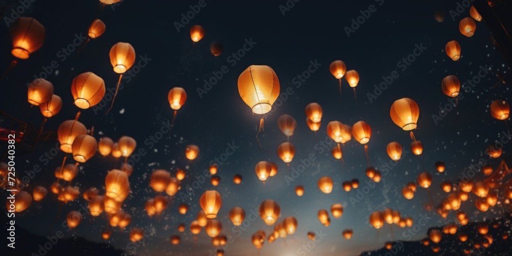 Poster A beautiful display of paper lanterns floating in the air. Perfect for adding a touch of magic to any event or celebration