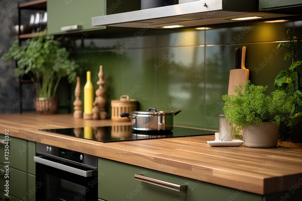 Poster a simple and elegant kitchen counter with a potted plant. this image can be used to showcase a clean