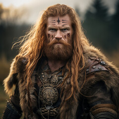 Portrait of a red hair middle ages or antiquity barbarian male warrior fighter in nature. Fearless look. 