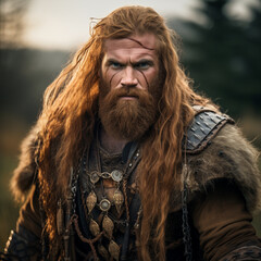Portrait of a red hair middle ages or antiquity barbarian male warrior fighter in nature. Fearless look.  - obrazy, fototapety, plakaty