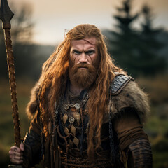 Portrait of a red hair middle ages or antiquity barbarian male warrior fighter in nature. Fearless look.  - obrazy, fototapety, plakaty
