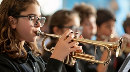 Obraz premium Children at music class play the trumpet, the harmony of a music class, with students playing instruments.