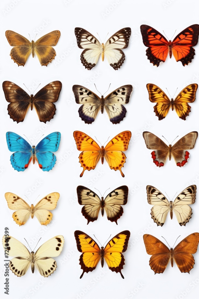 Poster a collection of butterflies resting on a white surface. this image can be used to depict nature, bio